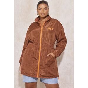PrettyLittleThing Windbreaker Sheath Dress 3X Brown Orange Zip Long Rain Coat